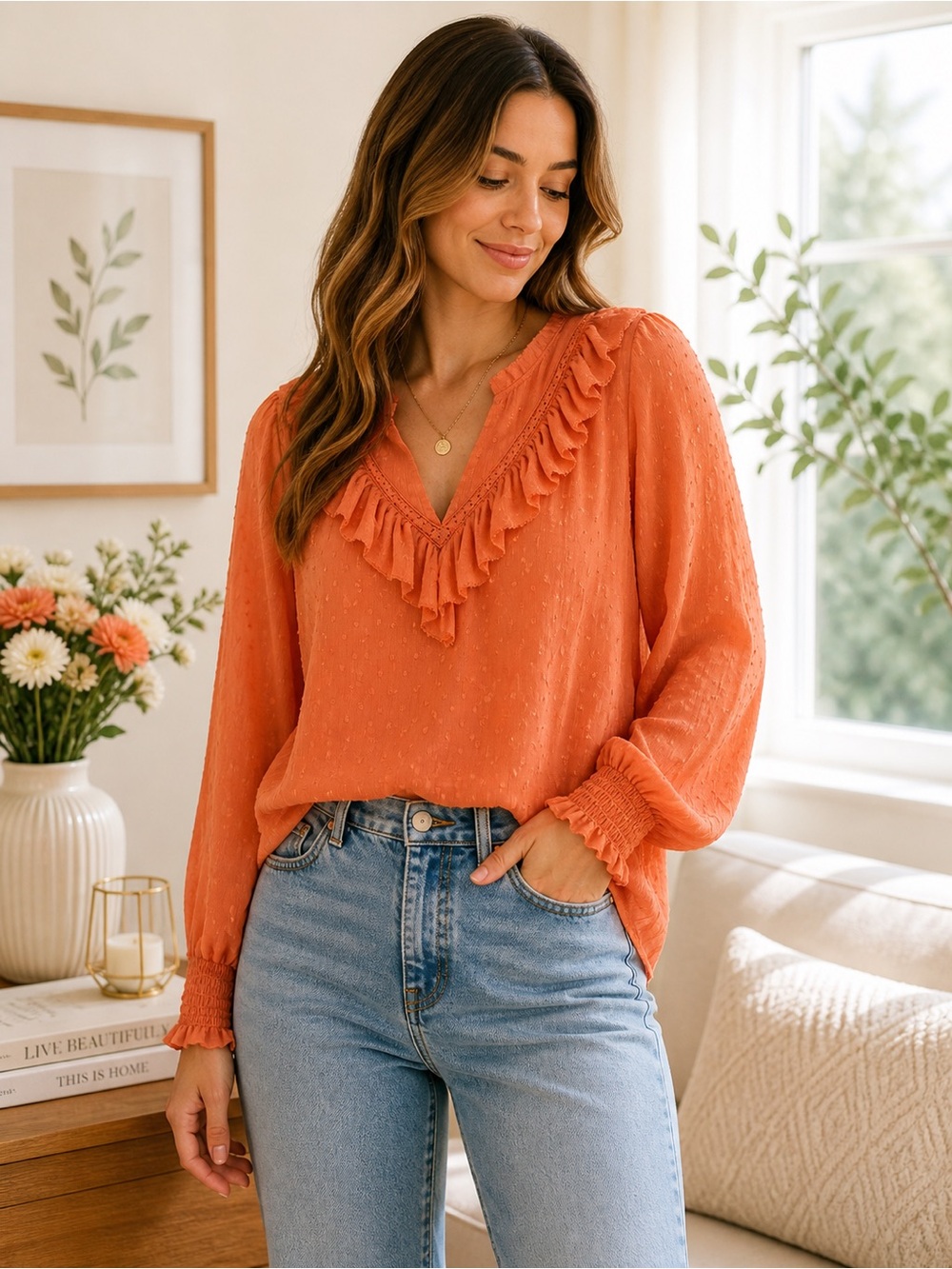 Rachel Zoe Ruffled V-Neck Blouse in Burnt Orange